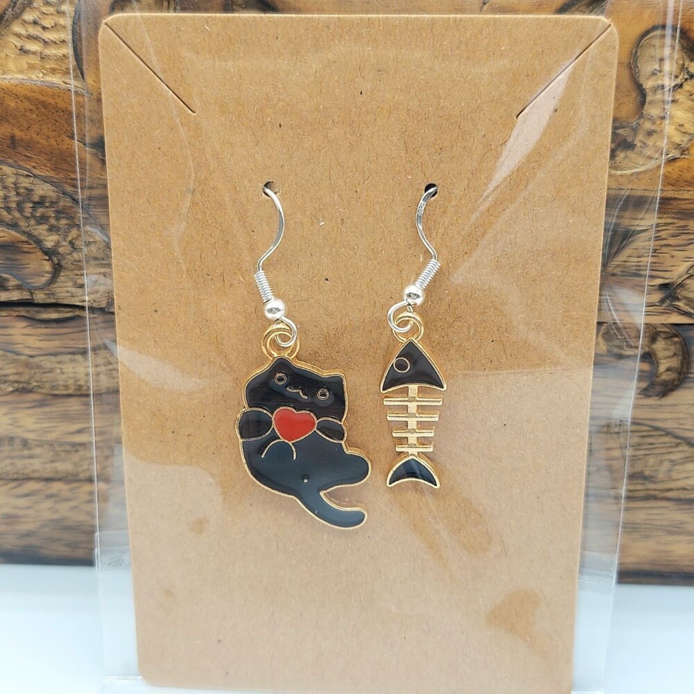 Black Cat Earrings Fishbone Earrings